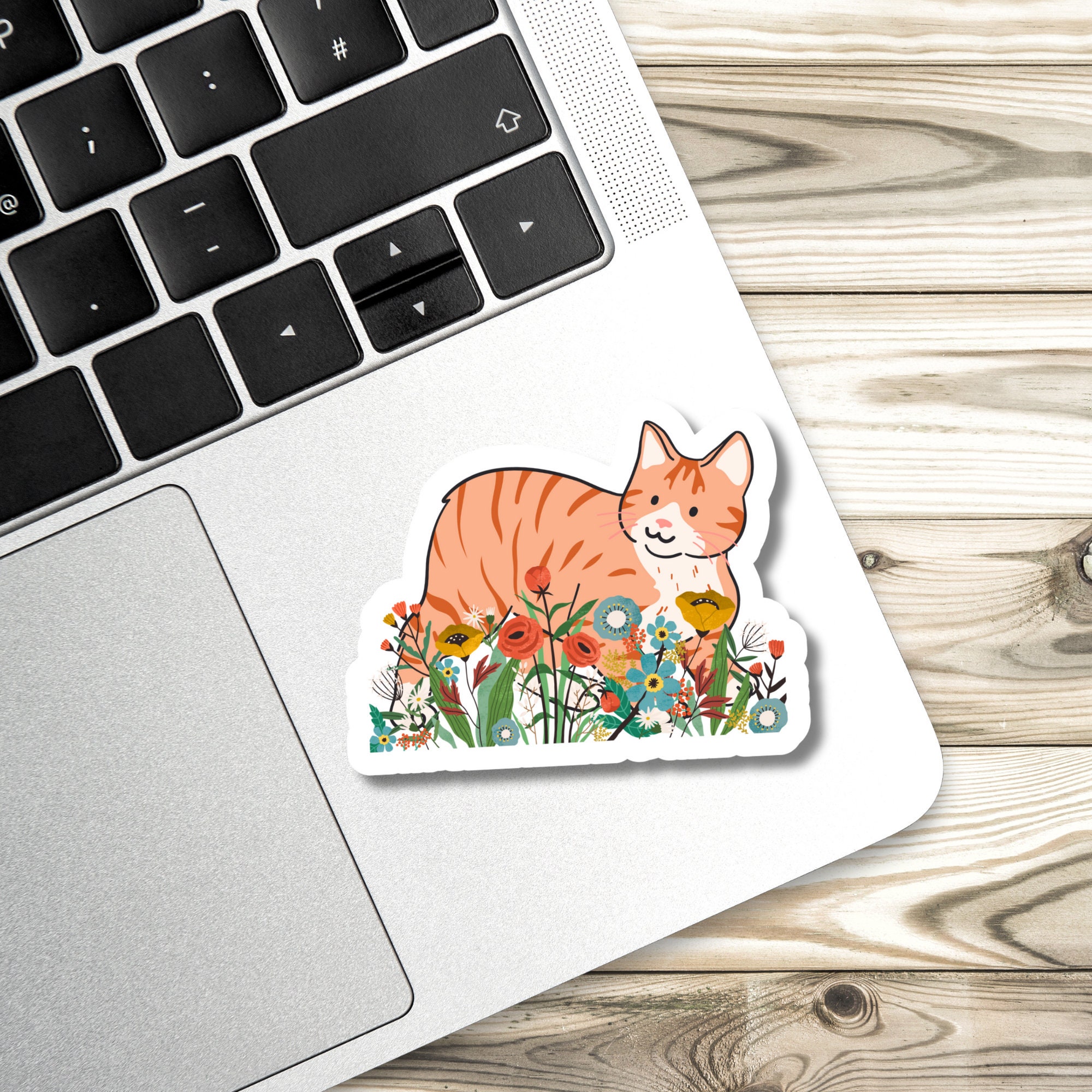 Orange Cat Flowers Sticker | Laptop Sticker | Die Cut Sticker | Planner ...
