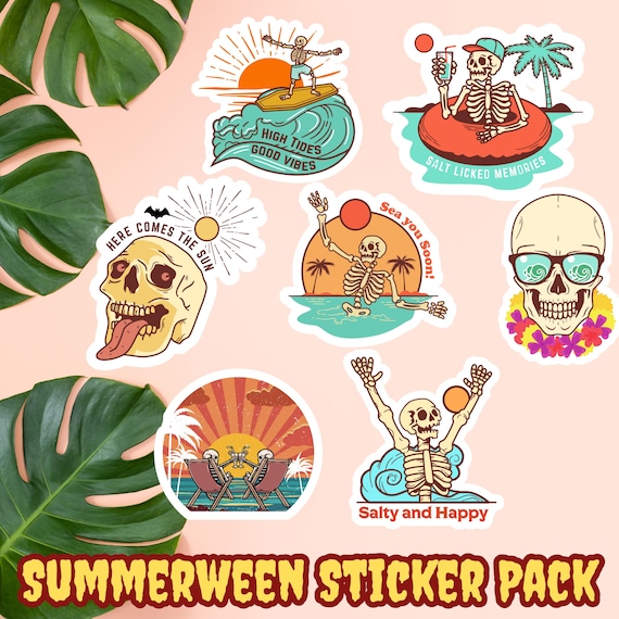 Summerween stickers, goth girl summer, emo, skull sticker, beach sticker, vacation sticker, party favor, Halloween sticker,  surfboard