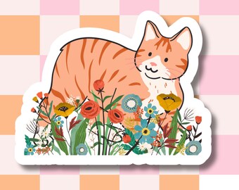 Orange cat flowers sticker | laptop sticker | die cut sticker | planner sticker |  tabby cat sticker| cat mom sticker, cat lover sticker