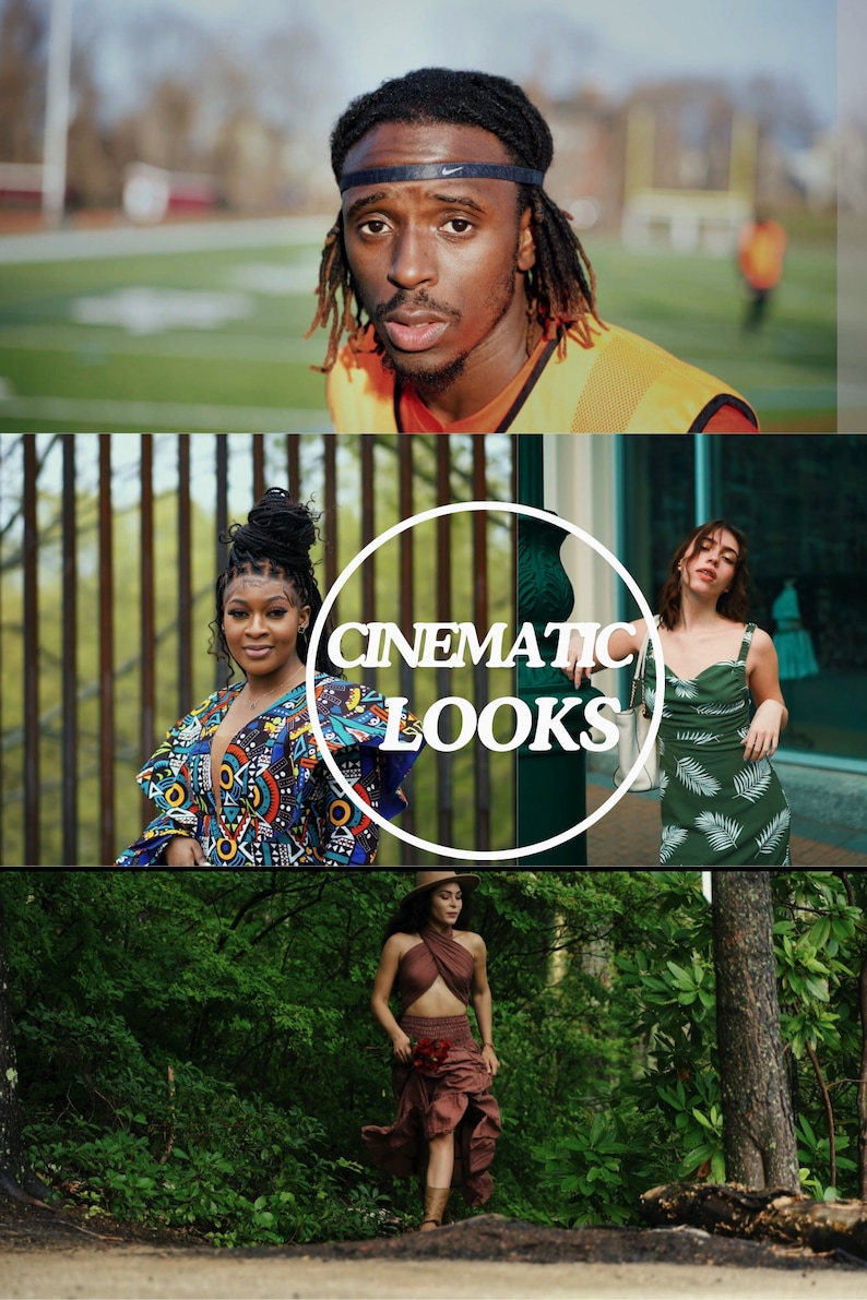 May include: A collage of three images featuring people wearing different styles of clothing. The first image shows a person wearing a yellow vest and a black headband. The second image shows two people standing in front of a fence. The text "CINEMATIC LOOKS" is superimposed on the image. The third image shows a person wearing a brown skirt and a hat walking through a forest.
