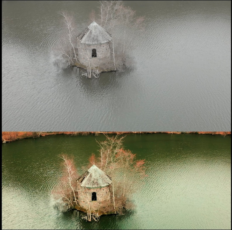 May include: An aerial view of a small stone building with a green roof on a small island in a lake. The water is calm and the sky is gray.