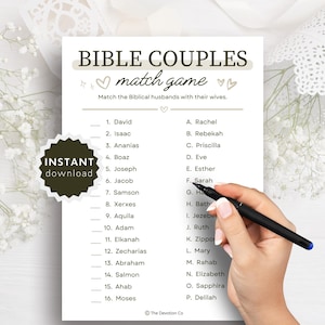 May include: A printable Bible couples matching game with a brown and white colour scheme. The game features a list of 16 Biblical husbands and 16 Biblical wives. The game is designed to be played by matching the husbands with their wives.