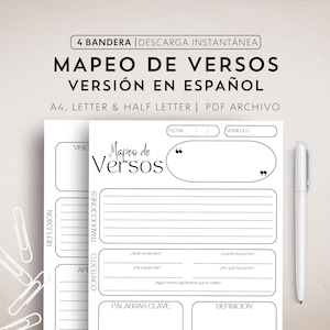 Puede incluir: Una hoja de trabajo imprimible en español para mapear versículos. La hoja de trabajo incluye secciones para la fecha, el versículo, la reflexión, el contexto, las traducciones, las palabras clave y la definición.
