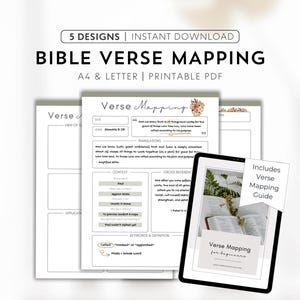 May include: Bible verse mapping printable PDF with 5 designs. The image shows several pages with the title "Verse Mapping" and a tablet with the text "Verse Mapping for beginners". The pages include sections for verse, translations, context, and cross-references.