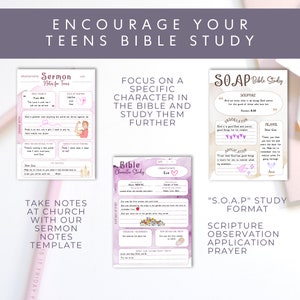 May include: A printable set of worksheets for teens to use for Bible study. The worksheets include a sermon notes template, a Bible character study template, and a SOAP Bible study template. The worksheets are decorated with pink and purple watercolor backgrounds and illustrations.