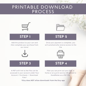 May include: A purple and white infographic with four steps for downloading a printable file. The steps are: 1. Add to cart, 2. Complete payment, 3. Access the file, 4. Print or upload the file. The infographic includes icons for a shopping cart, a folder, a download arrow, and a printer.