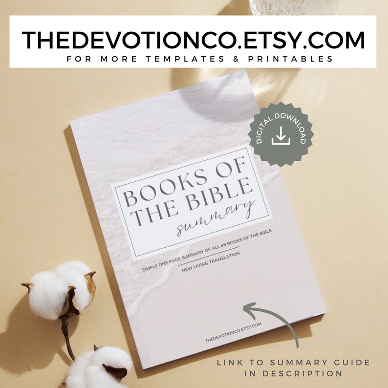May include: A digital download of a one-page summary of all 66 books of the Bible in the New Living Translation. The title is "Books of the Bible Summary" with a wave background.