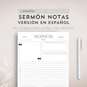 Könnte beinhalten: Eine druckbare Predigtnotizvorlage auf Spanisch mit dem Text "SERMÓN NOTAS VERSIÓN EN ESPAÑOL". Die Vorlage enthält Abschnitte für Datum, Notizen, Hauptthema, Schriftstellenverweis und zusätzliche Notizen. Rechts ist ein weißer Stift.