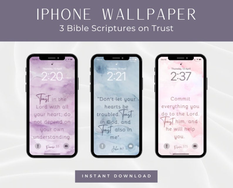 Pu&ograve; includere: Tre sfondi per iPhone con sfondi ad acquerello e versetti biblici ispiratori sulla fiducia. I versetti sono "Confida nel Signore con tutto il tuo cuore e non appoggiarti alla tua intelligenza." (Proverbi 3:5), "Non si turbi il vostro cuore. Abbiate fede in Dio, abbiate fede anche in me." (Giovanni 14:1) e "Affida al Signore le tue opere, e i tuoi progetti avranno successo." (Proverbi 16:3).