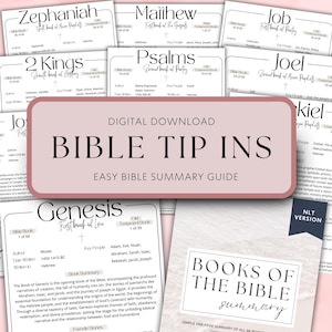 Peut inclure: Un ensemble de guides d'étude biblique, comprenant des résumés de la Genèse, des Psaumes et d'autres livres. Les guides présentent des titres tels que "Bible Tip Ins" et "Books of the Bible Summary" avec des détails clés et des résumés.