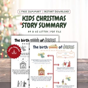 May include: A printable PDF worksheet for kids summarizing the story of the birth of Jesus. The worksheet features colorful illustrations of angels, a manger, and a star. The text includes Bible verses and key details about the story.