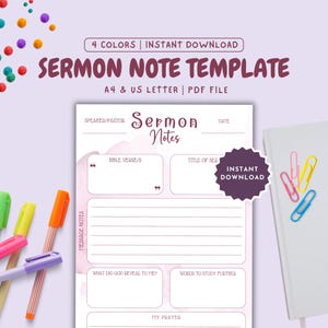 May include: Printable sermon note template in pink with a watercolor effect. The template includes sections for speaker/pastor, date, bible verses, title of sermon, message notes, what God revealed to me, words to study further, and my prayer.