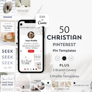 Può includere: Immagine promozionale per 50 modelli di pin di Pinterest cristiani. L'immagine include un mockup di smartphone, vari modelli di Pinterest e il testo "50 CHRISTIAN PINTEREST Pin Templates". Include anche 3 copertine del marchio e 3 modelli di profilo.