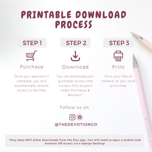 May include: Printable download process infographic with three steps: purchase, download, and print. The infographic features a shopping cart, a download arrow, and a printer icon. The text also includes instructions on how to download the files and a note that Etsy does not allow downloads from the Etsy app.