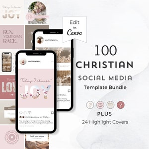 May include: A digital marketing template bundle for social media featuring 100 Christian themed designs. The bundle includes 24 highlight covers and icons for "Verse of the Day", "Blog", and a question mark. The image shows a mockup of a phone screen displaying a pink and white design with the text "Today I Choose Joy".