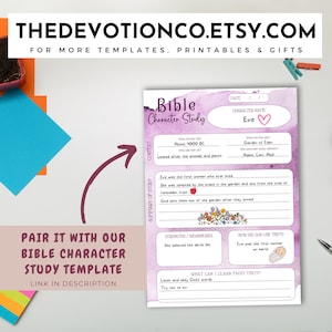 May include: A printable Bible character study worksheet featuring Eve, the first woman in the Bible. The worksheet includes sections for the character's context, summary of the story, strengths and weaknesses, how God used them, and what we can learn from them. The worksheet has a pink watercolor background with floral illustrations.