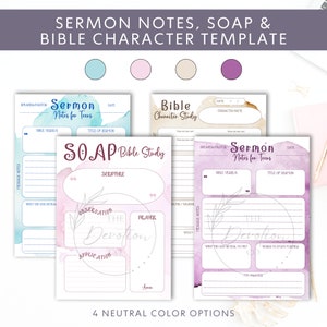 May include: Four printable templates for sermon notes, Bible character study, and SOAP Bible study. The templates feature watercolor backgrounds in four neutral colors: light blue, pink, beige, and purple. Each template includes sections for date, speaker/pastor, Bible verses, title of sermon, and other relevant information.
