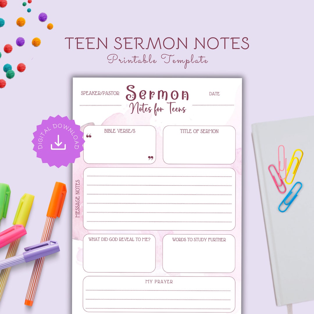 Teen Sermon Note Template Teen Bible Study Printable Bible Verse Teens ...