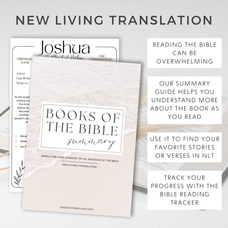May include: A printable guide to the books of the Bible, featuring a simple one-page summary of all 66 books in the New Living Translation. The guide includes the book title, author, and a brief description of each book. The guide is designed to help readers understand the Bible better and find their favorite stories or verses.