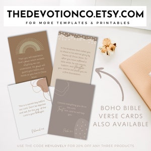 May include: Four printable cards with inspirational quotes from the Bible. The cards feature a boho aesthetic with neutral colors and abstract shapes. The text on the cards reads: "Then you will experience God's peace which exceeds anything we can understand. His peace will guard your hearts and minds as you live in Christ Jesus." "In his kindness God called you to share in his eternal glory by means of Christ Jesus. So after you have suffered a little while, he will restore support, and strengthen you, and he will place you on a firm foundation." "This is a sacred day before our Lord. Don't be dejected and sad, for the joy of the Lord is your strength!" "Commit everything you do to the Lord. Trust him, and he will help you."