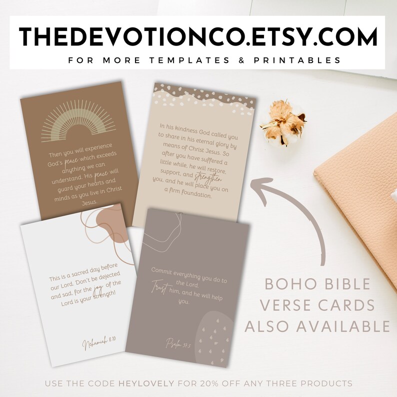 May include: Four printable cards with inspirational quotes from the Bible. The cards feature a boho aesthetic with neutral colors and abstract shapes. The text on the cards reads: "Then you will experience God's peace which exceeds anything we can understand. His peace will guard your hearts and minds as you live in Christ Jesus." "In his kindness God called you to share in his eternal glory by means of Christ Jesus. So after you have suffered a little while, he will restore support, and strengthen you, and he will place you on a firm foundation." "This is a sacred day before our Lord. Don't be dejected and sad, for the joy of the Lord is your strength!" "Commit everything you do to the Lord. Trust him, and he will help you."