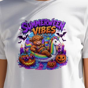 Summerween Vibes PNG, Funny Highland Cow Unicorn Float Halloween in Summer Sublimation Design, Cute Halloween Trendy Png File