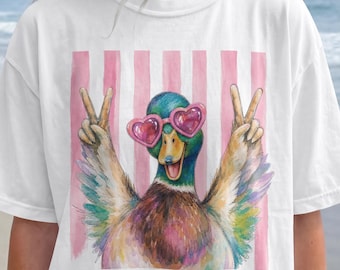 Preppy Anka Png, Rolig Gräsand med Hjärta Solglasögon Sublimeringsdesign, Flickigt Sommardjursdesign, Trendig PNG Digital Nedladdning