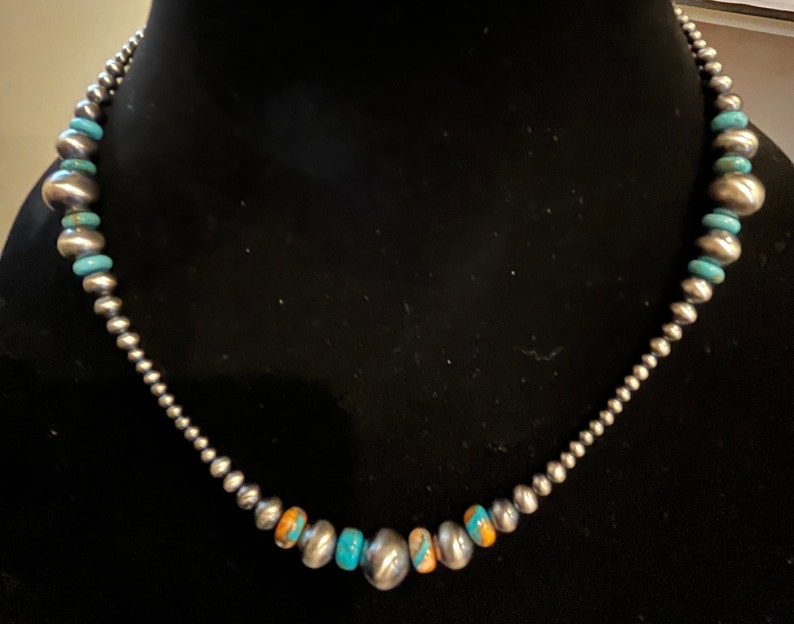 925 Sterling Silver Navajo Bead With Kingman Turquoise Bronze and Spiny