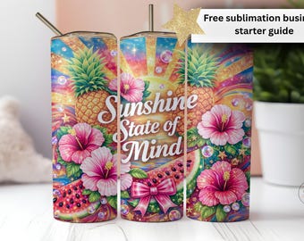 Diseño PNG de envoltura floral de sandía para vaso, diseño de sublimación "Summer Vibes" de 20 oz, descarga digital PNG de moda "Sunshine State of Mind"