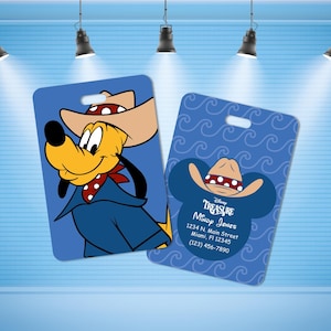 May include: Two blue luggage tags featuring Pluto in a cowboy hat. One tag shows Pluto in a blue outfit with a red bandana. The other tag has a Mickey Mouse head shape with the text "TREASURE" and contact information.