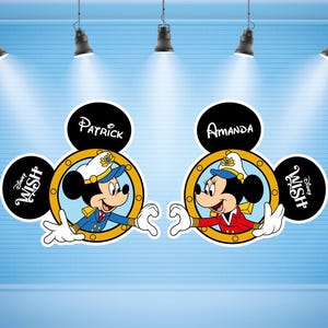 May include: Two Mickey Mouse character cutouts with the text "Disney Wish" on the side. The Mickey Mouse on the left has a blue sailor outfit and the text "Patrick" on the top of his head. The Mickey Mouse on the right has a red sailor outfit and the text "Amanda" on the top of her head.