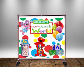May include: A white backdrop with colorful polka dots, featuring Elmo holding alphabet blocks that spell ELMO, Big Bird with fairy wings, and balloons with the number 1. The text "WELCOME TO Aamir&Aubrie's World" is displayed in a red and yellow banner.