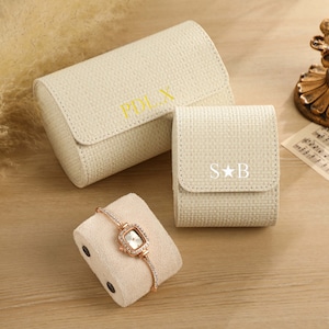 Rotolo di orologi in tessuto beige personalizzato, custodia per orologi da donna, scatola per orologi da viaggio personalizzata, regalo per la festa della mamma, regalo per lei, deposito di orologi da donna