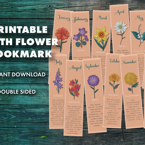 September Birth Flower | Aster Bookmark | Instant download | Printable Double-sided bookmark | digital | Birth Month Flower