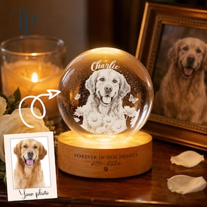 May include: A spherical glass ornament featuring an etched portrait of a dog named Charlie surrounded by flowers and butterflies. The glass sphere sits on a circular wooden base engraved with the text FOREVER IN OUR HEARTS 2011-2026.