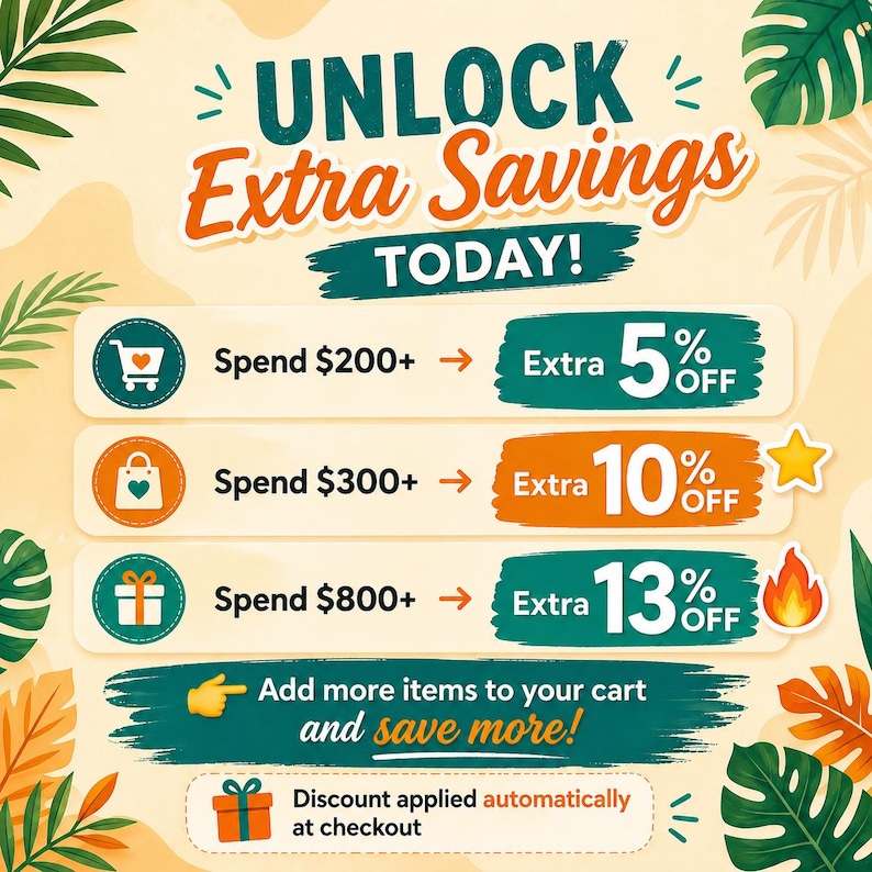 May include: A promotional graphic with the text "UNLOCK Extra Savings TODAY!" and details on discounts. Spend $200+ for 5% off, $300+ for 10% off, and $800+ for 13% off. Includes a call to "Add more items to your cart and save more!"