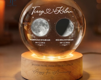 Personalized Moon Phase Crystal Ball Night Light, 10 Year Anniversary, 10th Tin Wedding Milestone, Wedding Moon, Wedding Anniversary Gifts