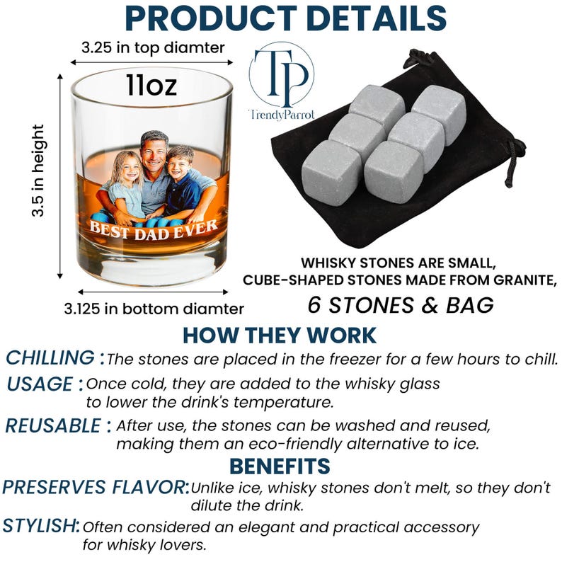 May include: A personalized whiskey glass with a photo and the text "BEST DAD EVER", 3.5 inches tall, 3.25 inches top diameter, and 3.125 inches bottom diameter. Includes 6 granite whisky stones and a black bag. The stones are reusable.
