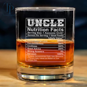 May include: A clear glass with a humorous "Nutrition Facts" label for an "Uncle" with a personalized name. The label lists various qualities like "Unconditional Love", "Handsomeness", "Coolness", "Great Advice", "Wrong Answers", and "Sarcasm" with percentages.