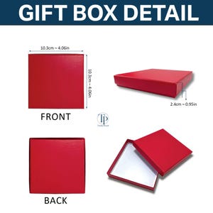 May include: Red gift box with a textured finish, shown from multiple angles. The box is approximately 4.06 inches square and 0.95 inches deep. The text "GIFT BOX DETAIL", "FRONT", and "BACK" are visible.