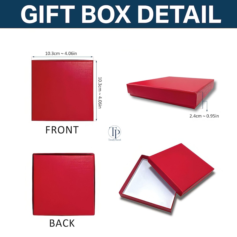 May include: Red gift box with a textured finish, shown from multiple angles. The box is approximately 4.06 inches square and 0.95 inches deep. The text "GIFT BOX DETAIL", "FRONT", and "BACK" are visible.