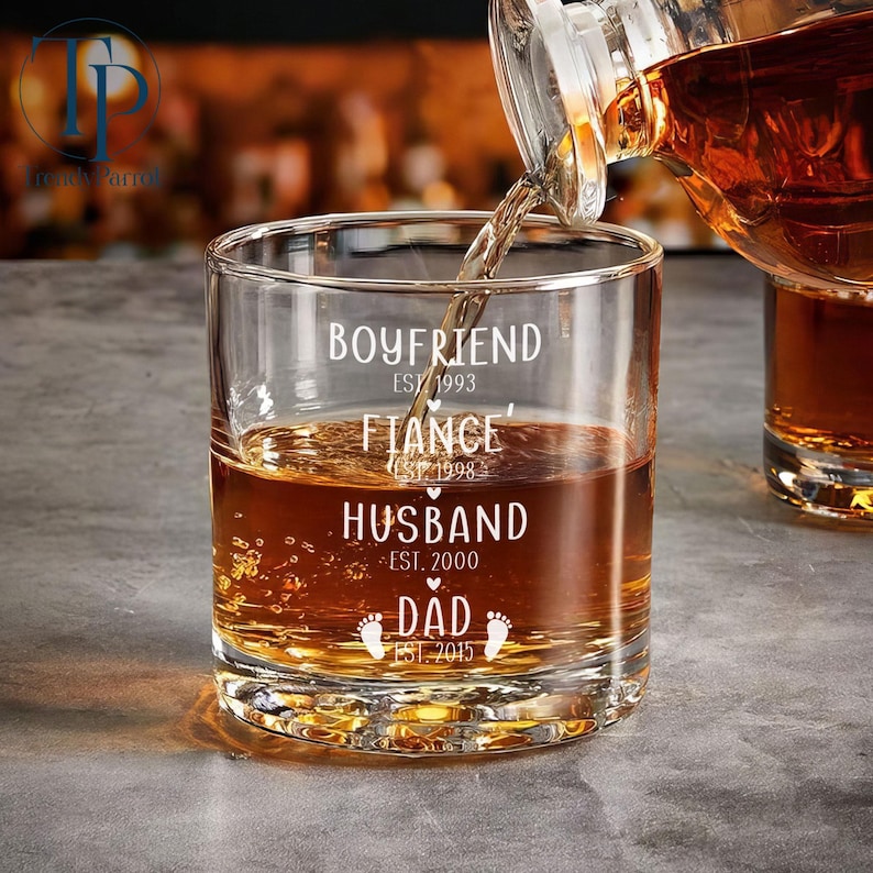 May include: A clear glass with the text "Boyfriend Est. 1993, Fianc&eacute; Est. 1998, Husband Est. 2000, Dad Est. 2015" and a pair of footprints. The glass is filled with amber liquid.