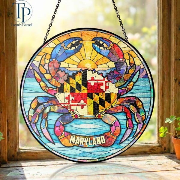 Atrapasueños de vitral de Maryland, Atrapasueños de cangrejo de Maryland, Decoración del orgullo estatal, Decoración de Maryland, Regalo del estado de Maryland, Bandera de Maryland