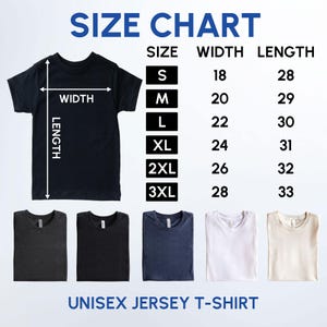 May include: A size chart for a unisex jersey t-shirt, with measurements in inches. The chart lists sizes S to 3XL, with corresponding widths from 18 to 28 inches and lengths from 28 to 33 inches. Several t-shirts in different colors are displayed.