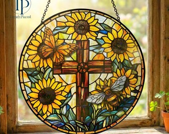 Sunflower Mosaic Cross, Stained Glass Religious Gift, Fall Colors