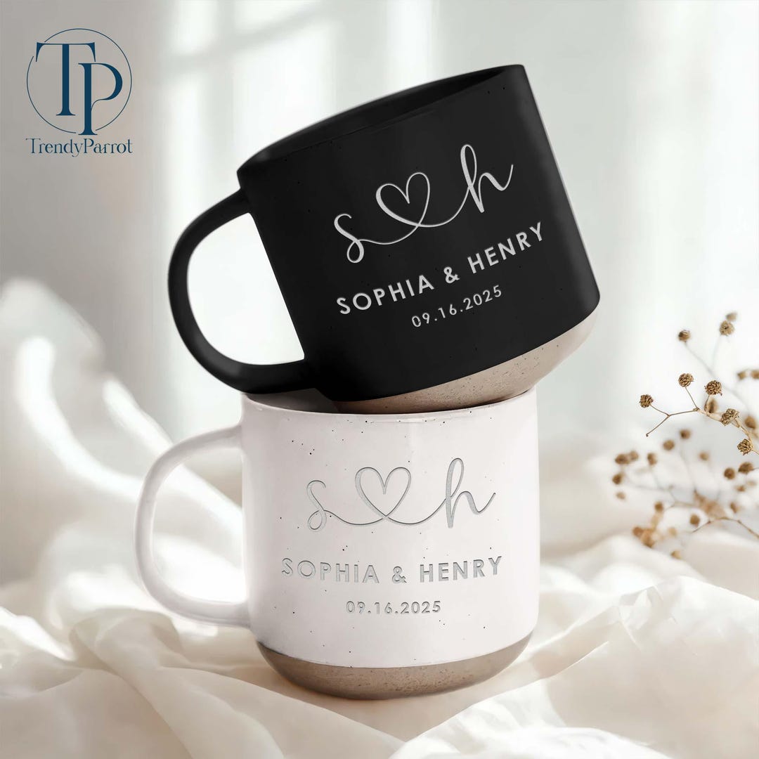 Christmas Engagement Gift, Personalized Engraved Pottery Mug, Mr and Mrs Mug, Wedding Gifts for Couple, Engagement Gift, Bridal Shower Gifts - 1 Pottery Mug, White
