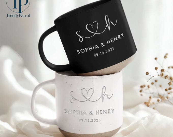Christmas Engagement Gift, Personalized Engraved Pottery Mug, Mr and Mrs Mug, Wedding Gifts for Couple, Engagement Gift, Bridal Shower Gifts