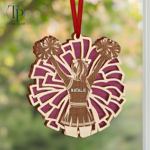 Custom Cheerleader Wooden Ornament, Personalized Cheerleading Pom pom Girl Christmas Ornament, Cheering Christmas Ornament, Cheerleader Gift