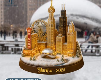Personalized Chicago Acrylic 2D Flat Ornament, Skyline & The Bean, Chicago Skyline Ornament, Chicago Travel Keepsake, Christmas Chicago Gift