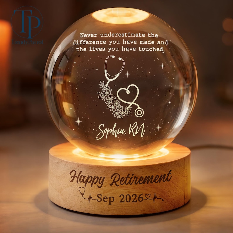 Nurse Retirement Gifts, Personalized Retired Nurse Crystal Ball Lamp, Retirement Gift for Nurse, Retired RN, Custom Nurse Retirement Gifts image 1